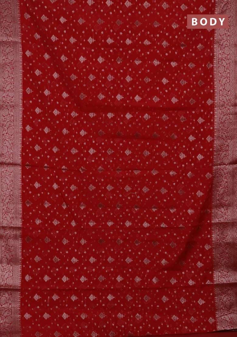 Semi Chiniya Silk Saree Red With Allover Thread Zari Woven Buttas And Woven Border With Buttas And Brocade Design For Women - Indya