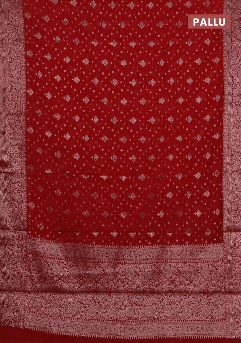 Semi Chiniya Silk Saree Red With Allover Thread Zari Woven Buttas And Woven Border With Buttas And Brocade Design For Women - Indya