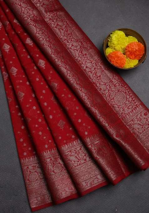 Semi Chiniya Silk Saree Red With Allover Thread Zari Woven Buttas And Woven Border With Buttas And Brocade Design For Women