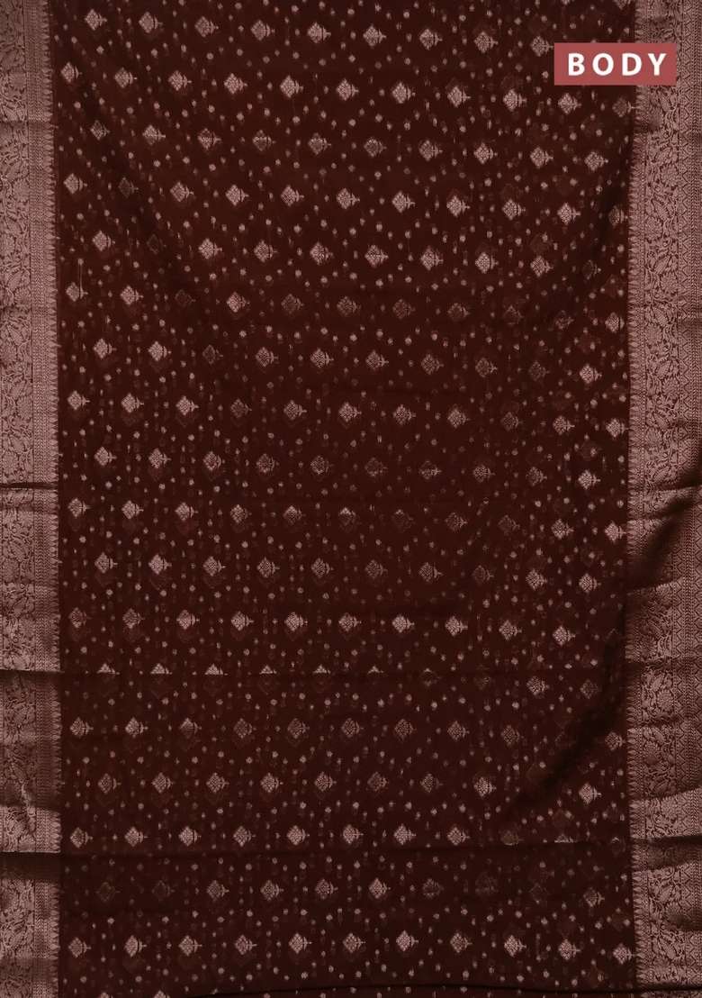 Semi Chiniya Silk Saree Coffee Brown With Allover Thread Zari Woven Buttas And Woven Border With Buttas And Brocade Design For Women - Indya