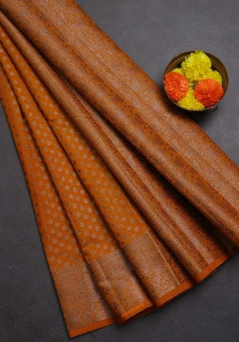 Semi Chiniya Silk Saree Mango Yellow With Allover Thread Zari Woven Buttas And Woven Border With Buttas And Brocade Design For Women