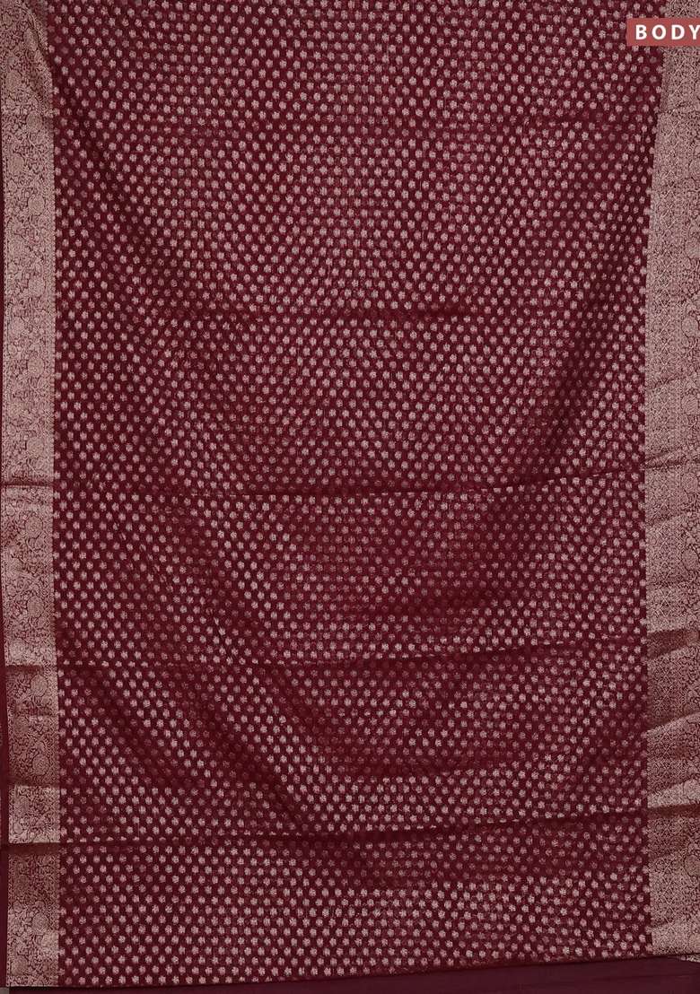 Semi Chiniya Silk Saree Deep Maroon With Allover Thread Zari Woven Buttas And Woven Border With Buttas And Brocade Design For Women - Indya
