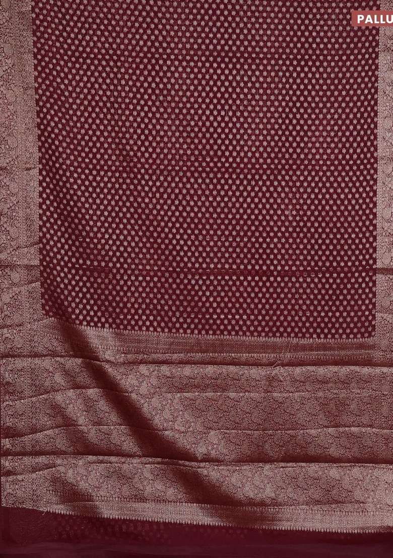 Semi Chiniya Silk Saree Deep Maroon With Allover Thread Zari Woven Buttas And Woven Border With Buttas And Brocade Design For Women - Indya