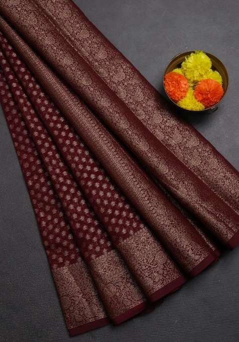 Semi Chiniya Silk Saree Deep Maroon With Allover Thread Zari Woven Buttas And Woven Border With Buttas And Brocade Design For Women