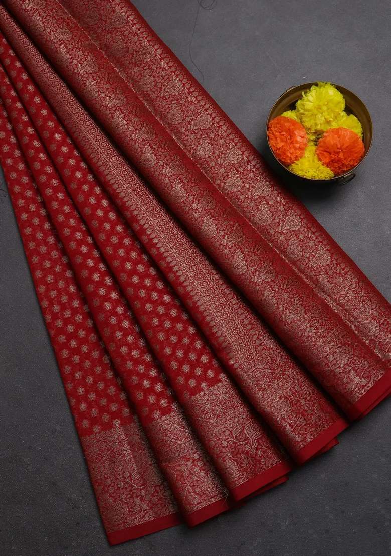 Semi Chiniya Silk Saree Red With Allover Thread Zari Woven Buttas And Woven Border With Buttas And Brocade Design For Women - Indya