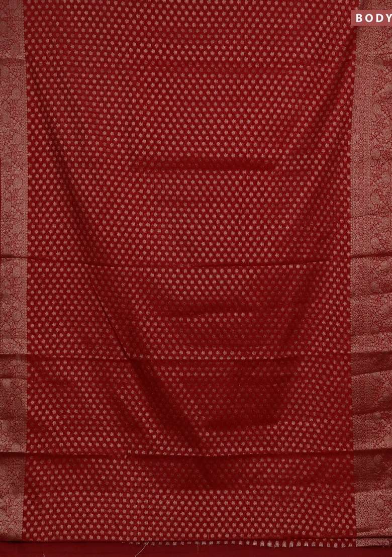 Semi Chiniya Silk Saree Red With Allover Thread Zari Woven Buttas And Woven Border With Buttas And Brocade Design For Women - Indya