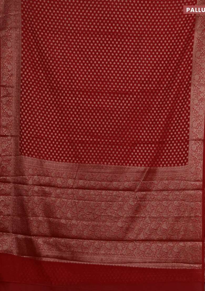 Semi Chiniya Silk Saree Red With Allover Thread Zari Woven Buttas And Woven Border With Buttas And Brocade Design For Women - Indya