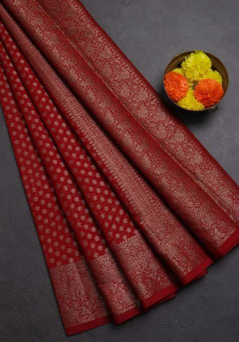 Semi Chiniya Silk Saree Red With Allover Thread Zari Woven Buttas And Woven Border With Buttas And Brocade Design For Women