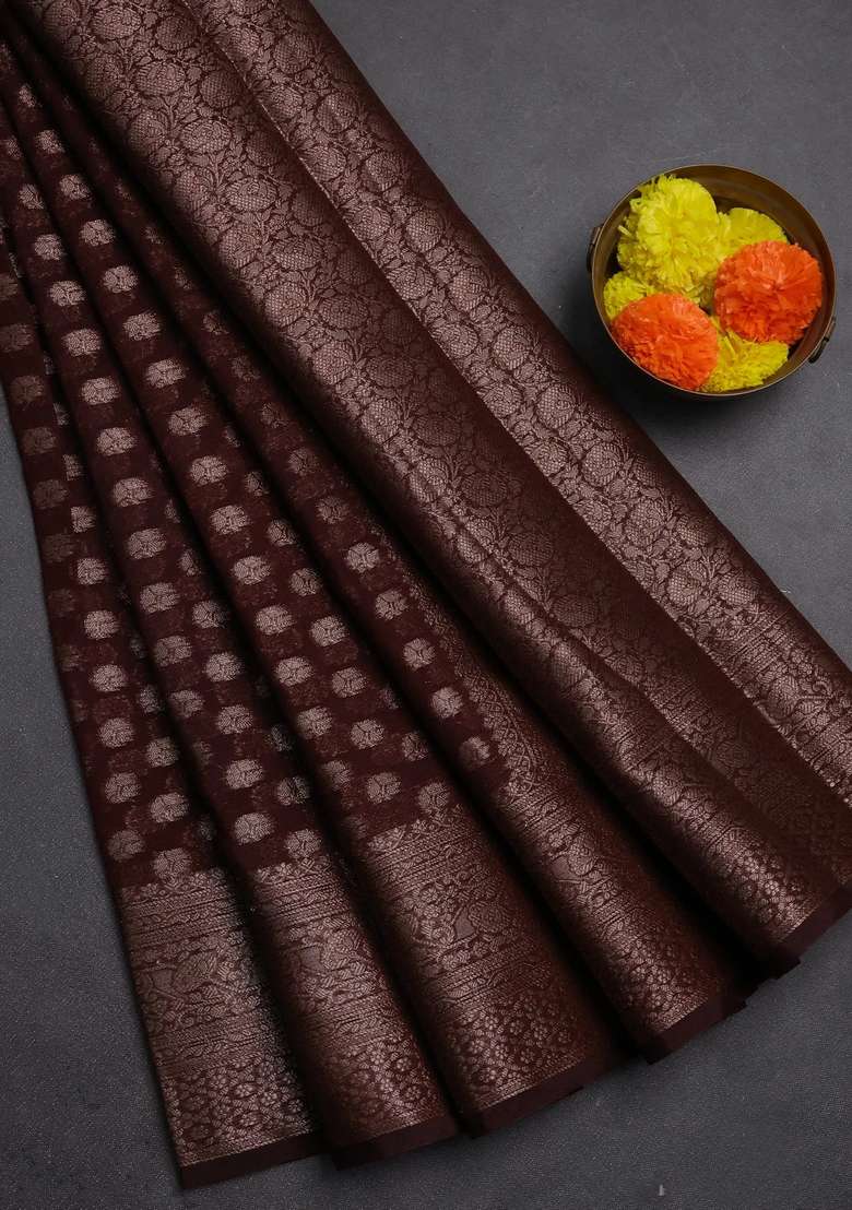 Semi Chiniya Silk Saree Coffee Brown With Allover Thread Zari Woven Buttas And Woven Border With Buttas And Brocade Design For Women - Indya