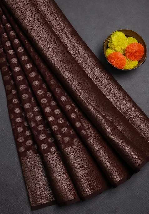 Semi Chiniya Silk Saree Coffee Brown With Allover Thread Zari Woven Buttas And Woven Border With Buttas And Brocade Design For Women