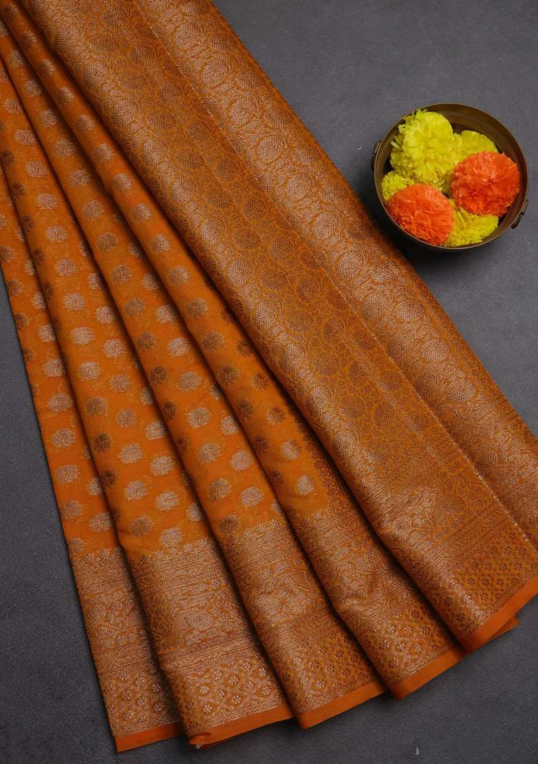 Semi Chiniya Silk Saree Dark Mustard With Allover Thread Zari Woven Buttas And Woven Border With Buttas And Brocade Design For Women - Indya