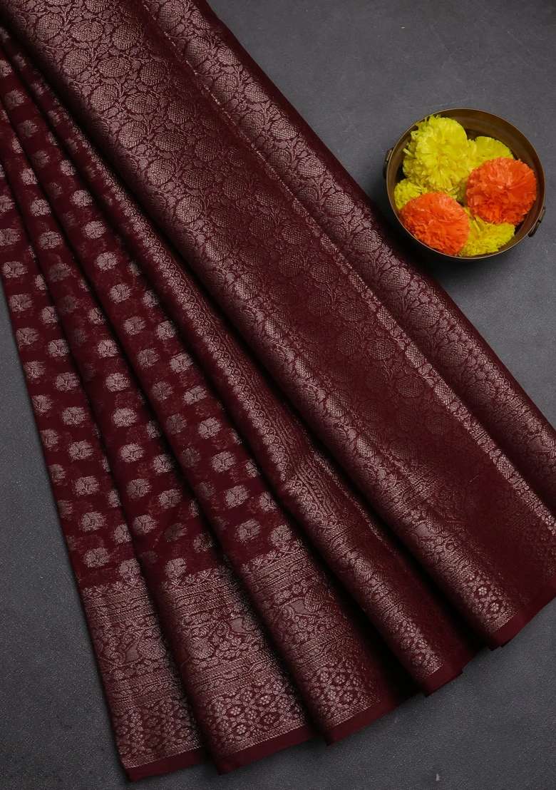 Semi Chiniya Silk Saree Deep Wine With Allover Thread Zari Woven Buttas And Woven Border With Buttas And Brocade Design For Women - Indya