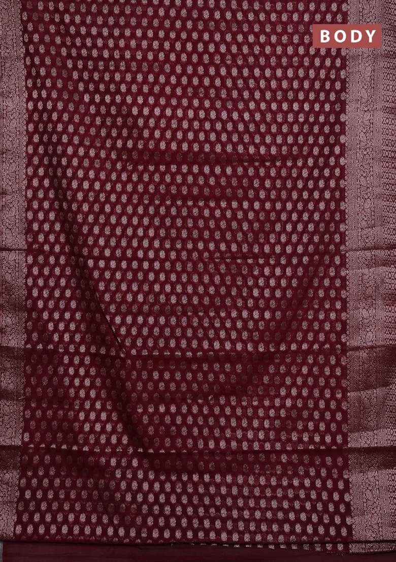 Semi Chiniya Silk Saree Deep Wine With Allover Thread Zari Woven Buttas And Woven Border With Buttas And Brocade Design For Women - Indya