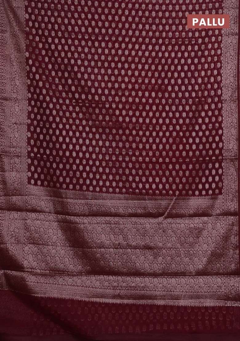 Semi Chiniya Silk Saree Deep Wine With Allover Thread Zari Woven Buttas And Woven Border With Buttas And Brocade Design For Women - Indya
