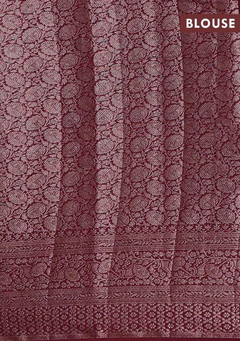 Semi Chiniya Silk Saree Deep Wine With Allover Thread Zari Woven Buttas And Woven Border With Buttas And Brocade Design For Women - Indya
