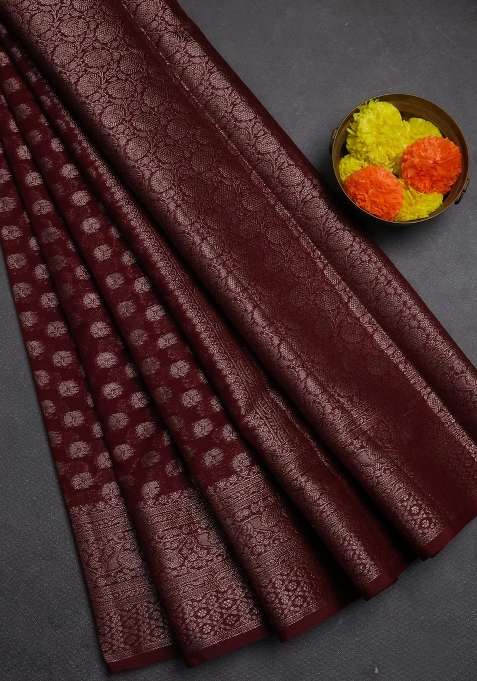 Semi Chiniya Silk Saree Deep Wine With Allover Thread Zari Woven Buttas And Woven Border With Buttas And Brocade Design For Women