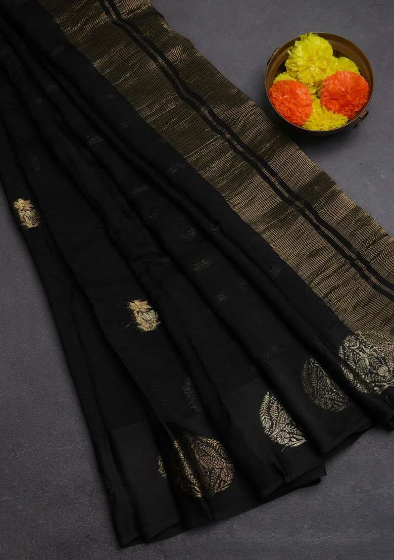 Art Kota Silk Saree Black With Silver Zari Woven Buttas And Zari Woven Butta Border With Buttas And Brocade Design For Women - Indya