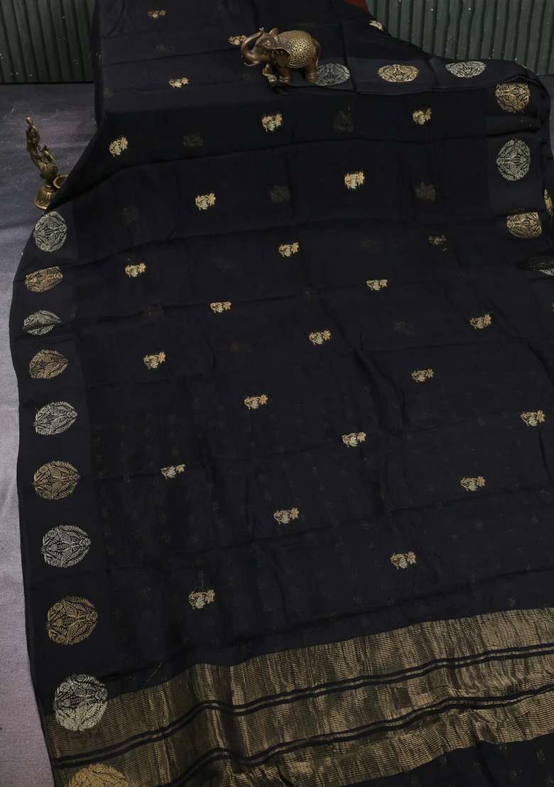 Art Kota Silk Saree Black With Silver Zari Woven Buttas And Zari Woven Butta Border With Buttas And Brocade Design For Women - Indya