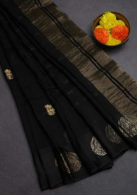 Art Kota Silk Saree Black With Silver Zari Woven Buttas And Zari Woven Butta Border With Buttas And Brocade Design For Women