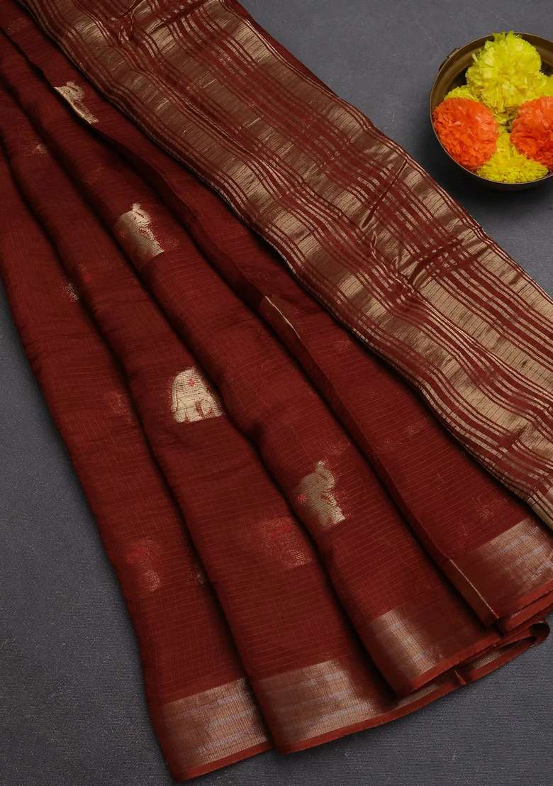 Art Kota Silk Saree Rust Shade With Thread Zari Woven Buttas And Zari Woven Border With Buttas And Brocade Design For Women - Indya