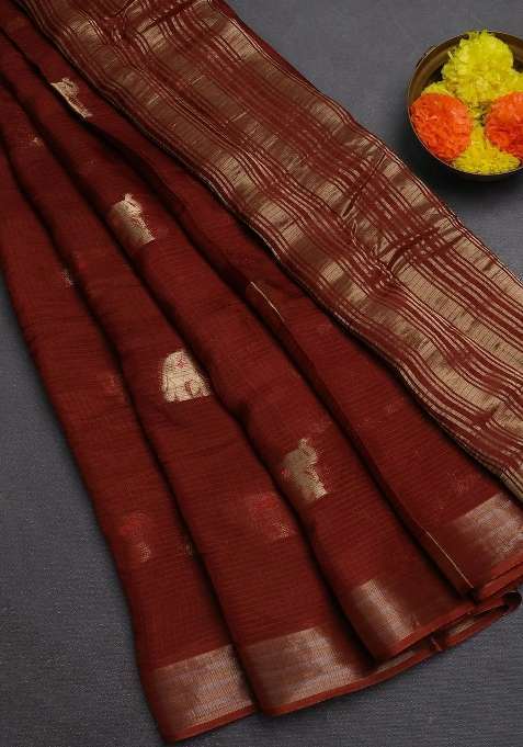 Art Kota Silk Saree Rust Shade With Thread Zari Woven Buttas And Zari Woven Border With Buttas And Brocade Design For Women