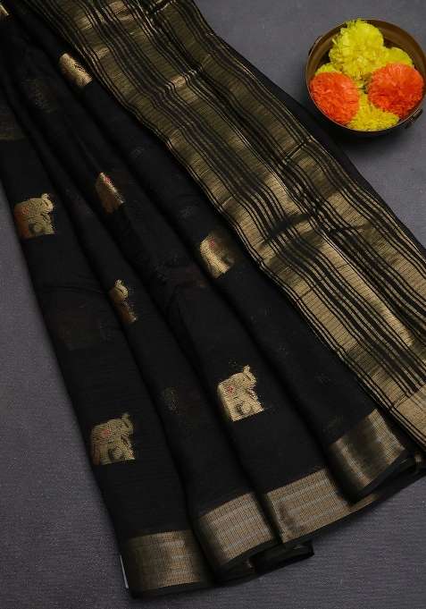 Art Kota Silk Saree Black With Thread Zari Woven Buttas And Zari Woven Border With Buttas And Brocade Design For Women