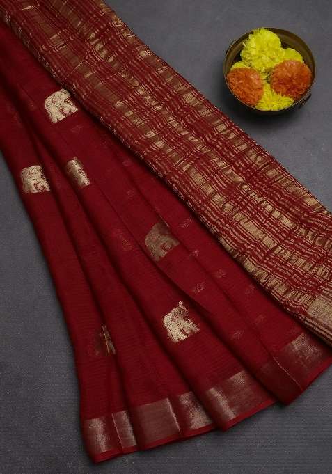 Art Kota Silk Saree Red With Thread Zari Woven Buttas And Zari Woven Border With Buttas And Brocade Design For Women