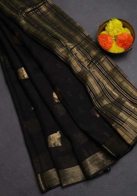 Art Kota Silk Saree Black With Thread Zari Woven Buttas And Zari Woven Border With Buttas And Brocade Design For Women