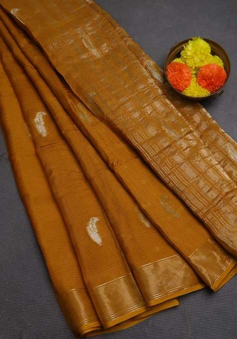Art Kota Silk Saree Mustard Yellow With Thread Zari Woven Buttas And Zari Woven Border With Buttas And Brocade Design For Women