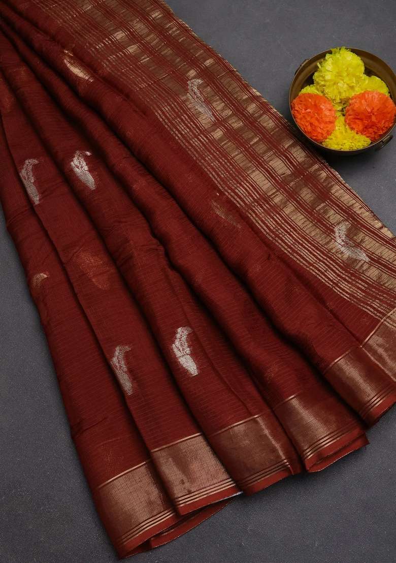 Art Kota Silk Saree Rust Shade With Thread Zari Woven Buttas And Zari Woven Border With Buttas And Brocade Design For Women - Indya