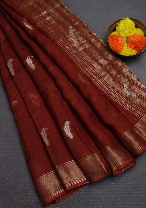 Art Kota Silk Saree Rust Shade With Thread Zari Woven Buttas And Zari Woven Border With Buttas And Brocade Design For Women