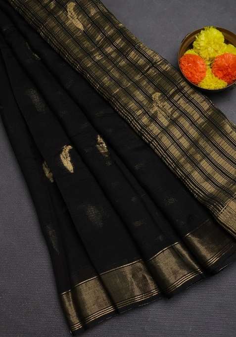 Art Kota Silk Saree Black With Thread Zari Woven Buttas And Zari Woven Border With Buttas And Brocade Design For Women
