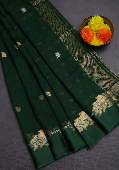 Art Kota Silk Saree Green With Allover Thread Zari Woven Buttas And Zari Woven Border With Buttas And Brocade Design For Women