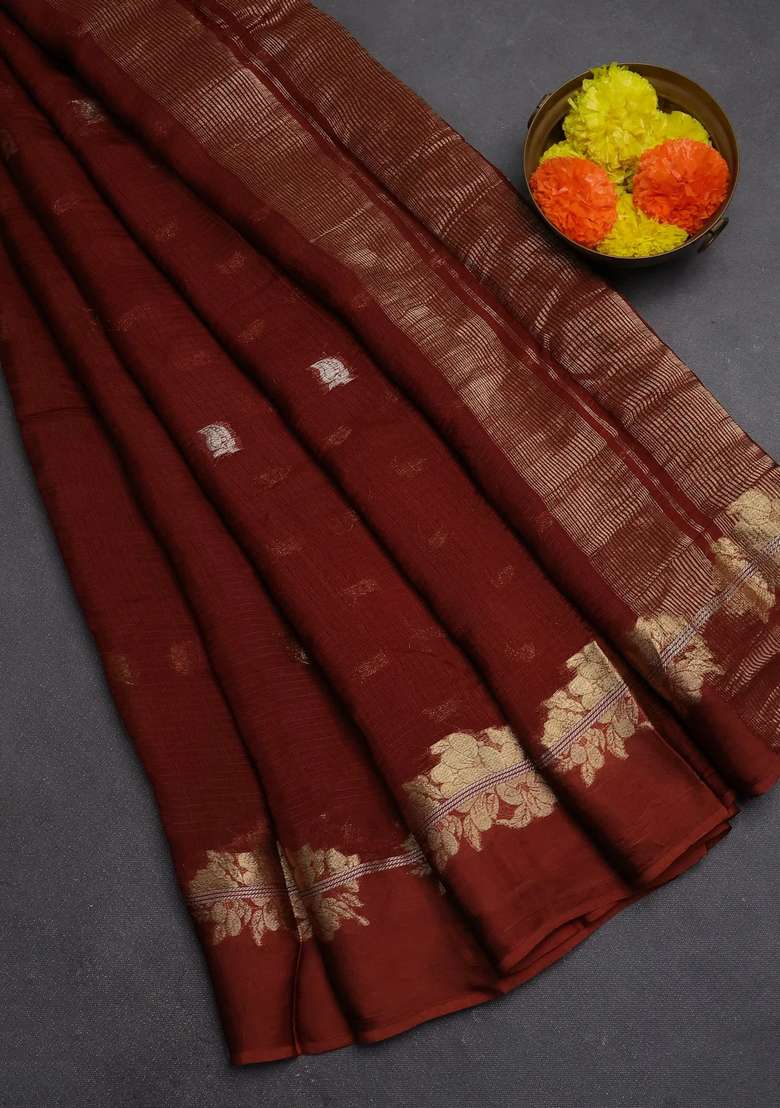 Art Kota Silk Saree Rust Shade With Allover Thread Zari Woven Buttas And Zari Woven Border With Buttas And Brocade Design For Women - Indya