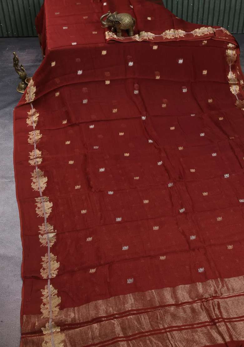 Art Kota Silk Saree Rust Shade With Allover Thread Zari Woven Buttas And Zari Woven Border With Buttas And Brocade Design For Women - Indya