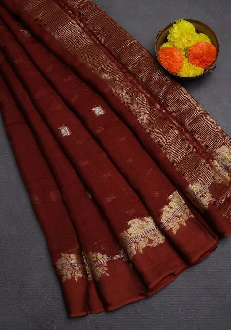 Art Kota Silk Saree Rust Shade With Allover Thread Zari Woven Buttas And Zari Woven Border With Buttas And Brocade Design For Women