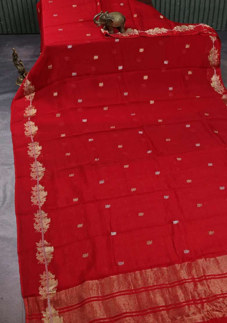 Art Kota Silk Saree Red With Allover Thread Zari Woven Buttas And Zari Woven Border With Buttas And Brocade Design For Women - Indya