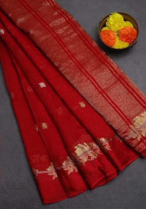 Art Kota Silk Saree Red With Allover Thread Zari Woven Buttas And Zari Woven Border With Buttas And Brocade Design For Women