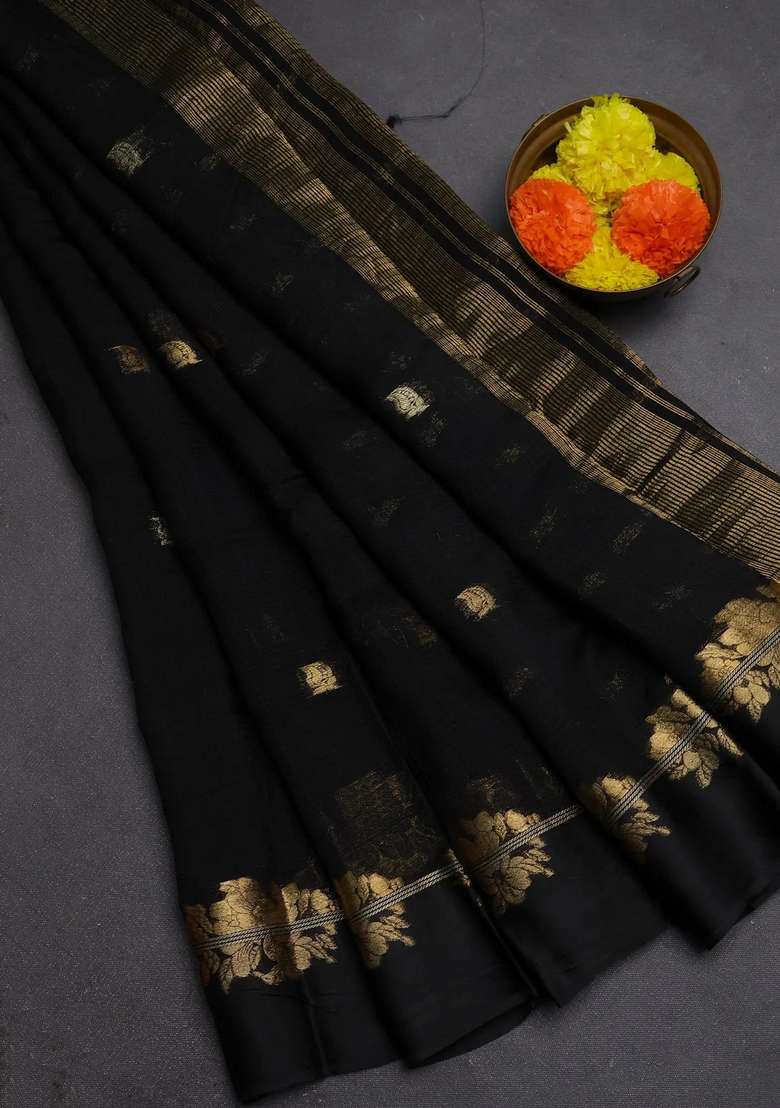 Art Kota Silk Saree Black With Allover Thread Zari Woven Buttas And Zari Woven Border With Buttas And Brocade Design For Women - Indya