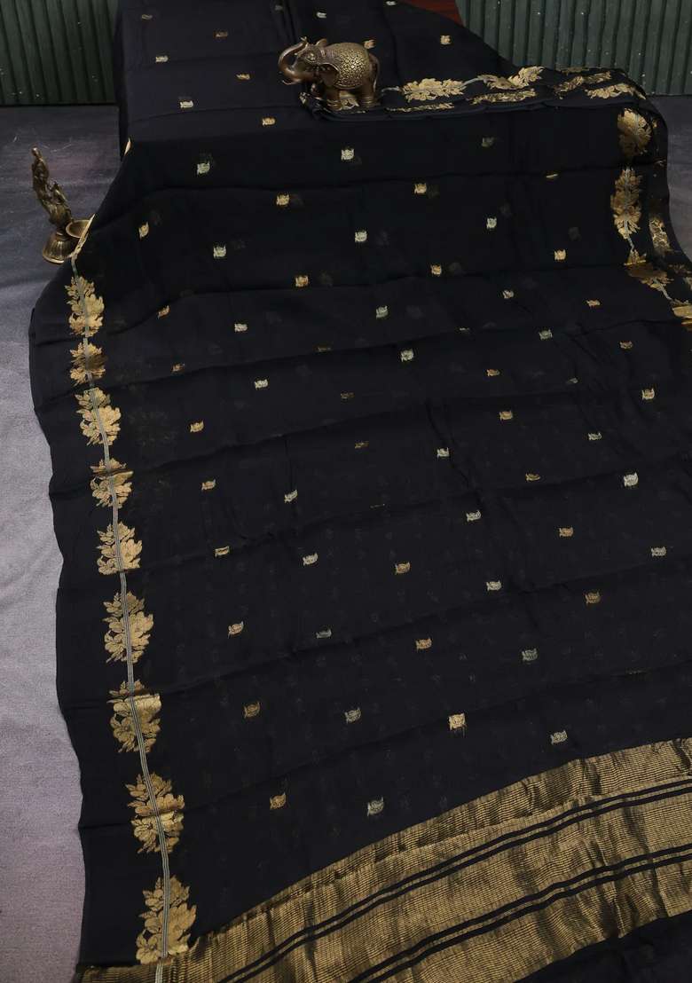 Art Kota Silk Saree Black With Allover Thread Zari Woven Buttas And Zari Woven Border With Buttas And Brocade Design For Women - Indya