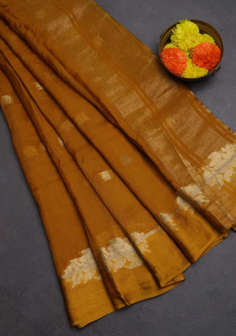 Art Kota Silk Saree Mustard Yellow With Allover Thread Zari Woven Buttas And Zari Woven Border With Buttas And Brocade Design For Women - Indya