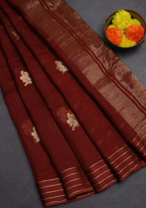 Art Kota Silk Saree Rust Shade With Zari Woven Buttas And Zari Woven Border With Buttas And Brocade Design For Women