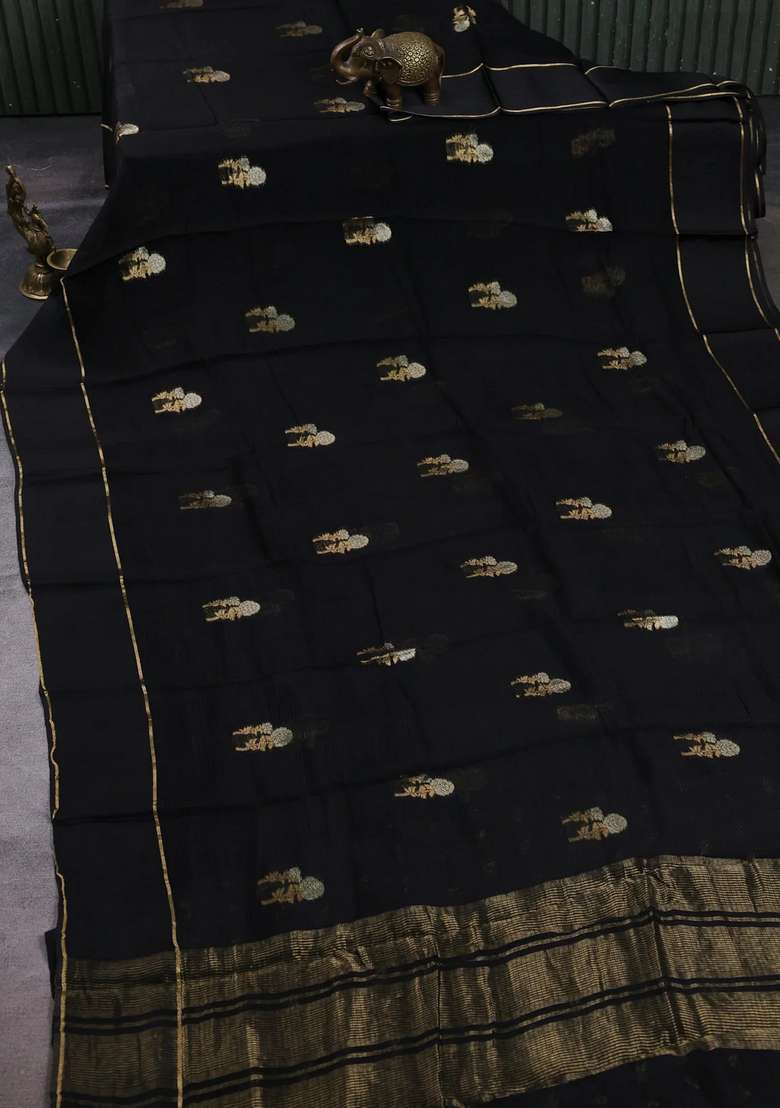 Art Kota Silk Saree Black With Silver Zari Woven Floral Buttas And Rettapet Zari Woven Border With Buttas And Brocade Design For Women - Indya