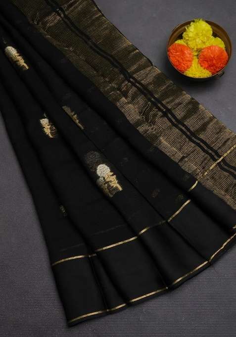 Art Kota Silk Saree Black With Silver Zari Woven Floral Buttas And Rettapet Zari Woven Border With Buttas And Brocade Design For Women