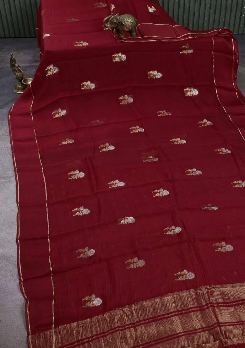 Art Kota Silk Saree Red With Silver Zari Woven Floral Buttas And Rettapet Zari Woven Border With Buttas And Brocade Design For Women - Indya