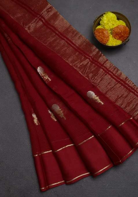 Art Kota Silk Saree Red With Silver Zari Woven Floral Buttas And Rettapet Zari Woven Border With Buttas And Brocade Design For Women