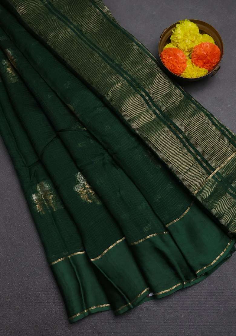 Art Kota Silk Saree Green With Silver Zari Woven Floral Buttas And Rettapet Zari Woven Border With Buttas And Brocade Design For Women - Indya