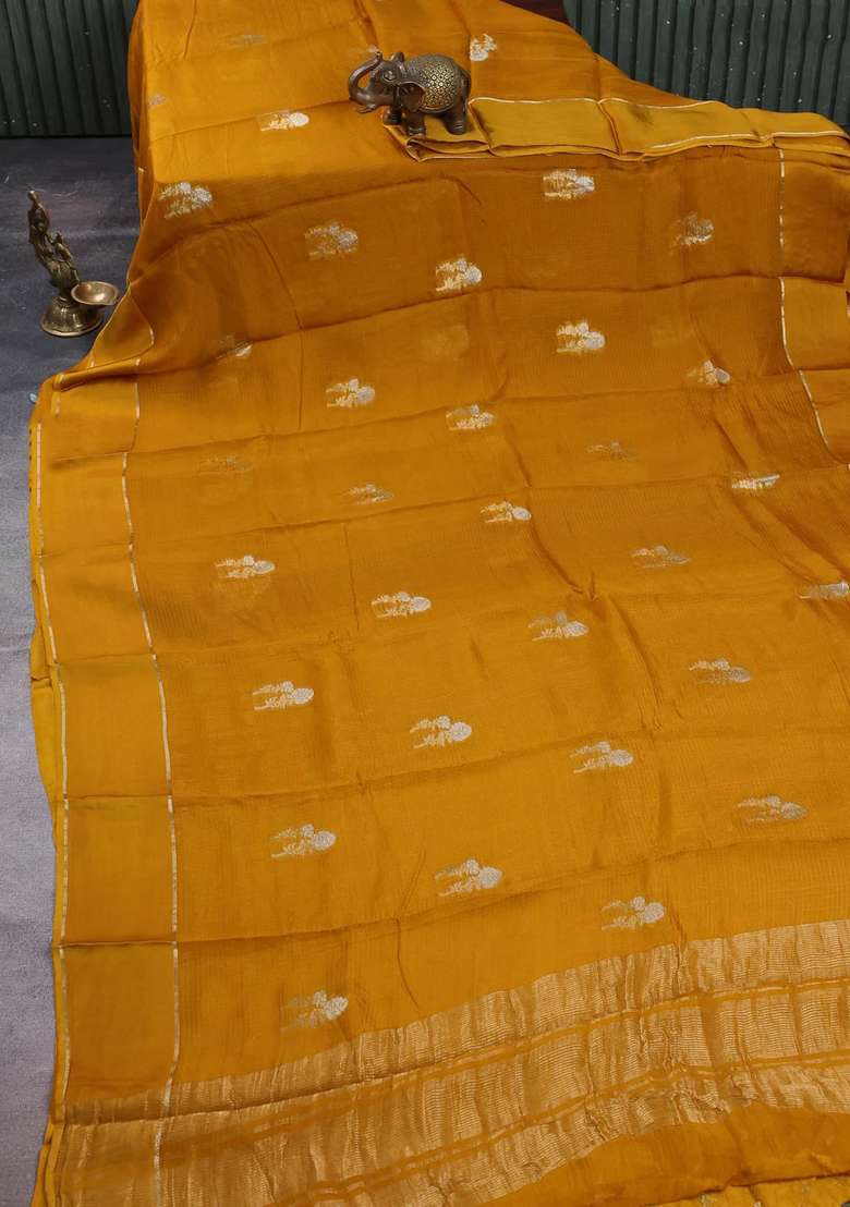 Art Kota Silk Saree Mustard Yellow With Silver Zari Woven Floral Buttas And Rettapet Zari Woven Border With Buttas And Brocade Design For Women - Indya