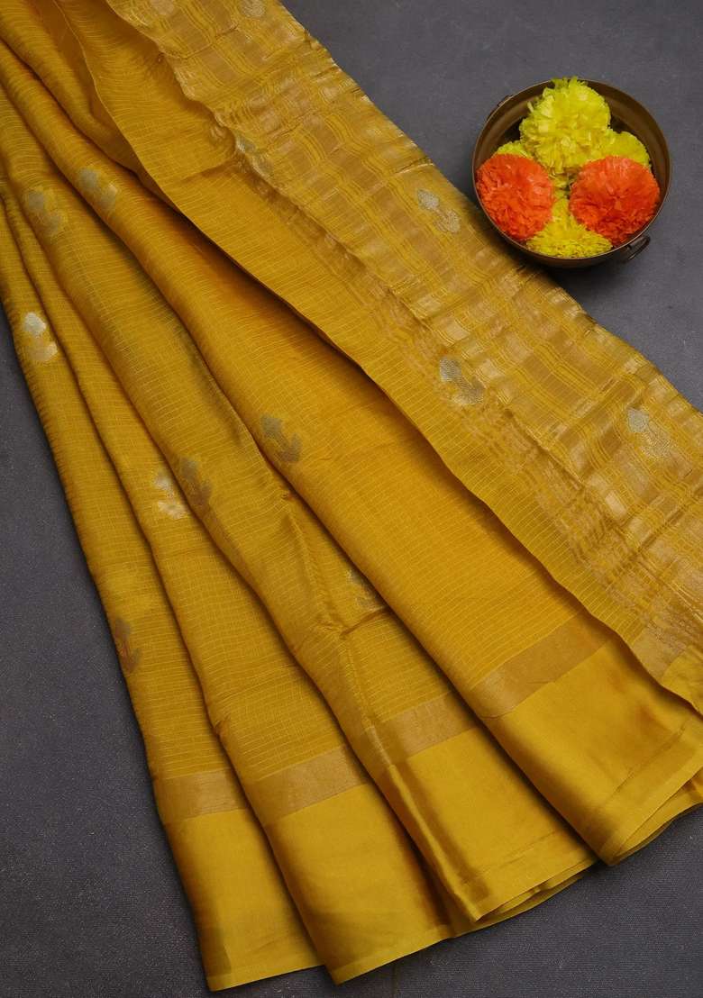 Art Kota Silk Saree Yellow With Silver Zari Woven Buttas And Zari Woven Simple Border With Buttas And Brocade Design For Women - Indya