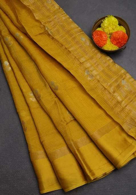 Art Kota Silk Saree Yellow With Silver Zari Woven Buttas And Zari Woven Simple Border With Buttas And Brocade Design For Women